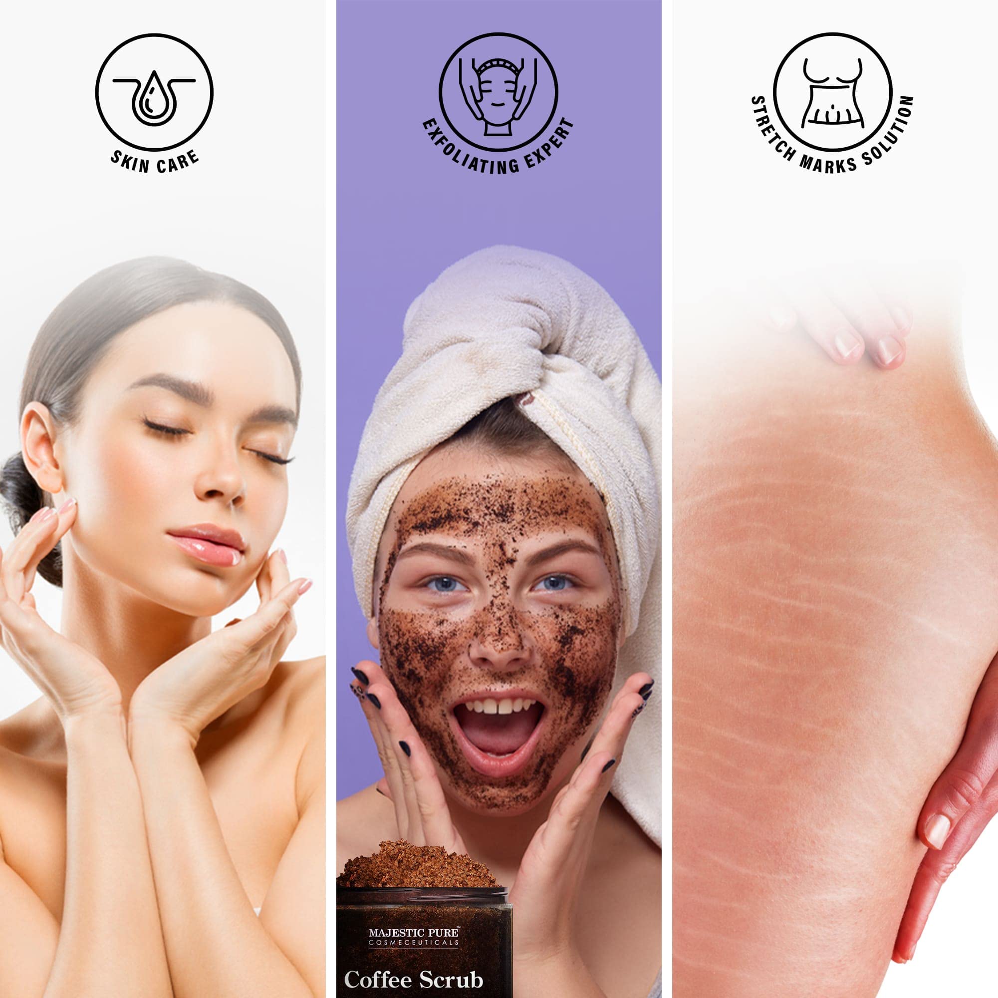 Majestic Pure Arabica Coffee Scrub, mezcla de aceites naturales para piel suave.