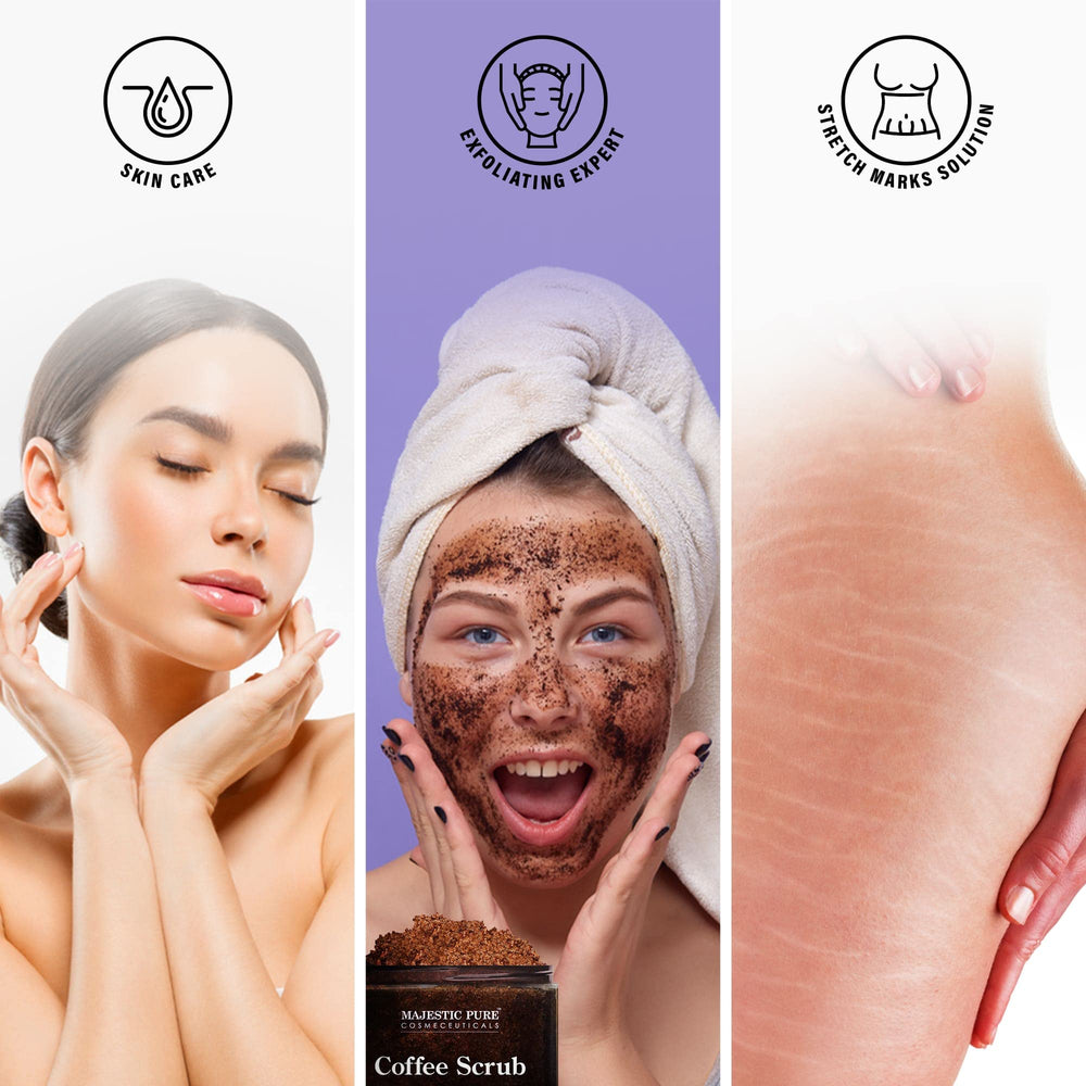 Majestic Pure Arabica Coffee Scrub, mezcla de aceites naturales para piel suave.