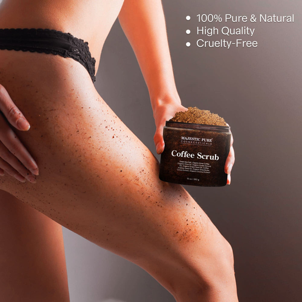 Majestic Pure Arabica Coffee Scrub, sal del Mar Muerto para exfoliar sin irritación.