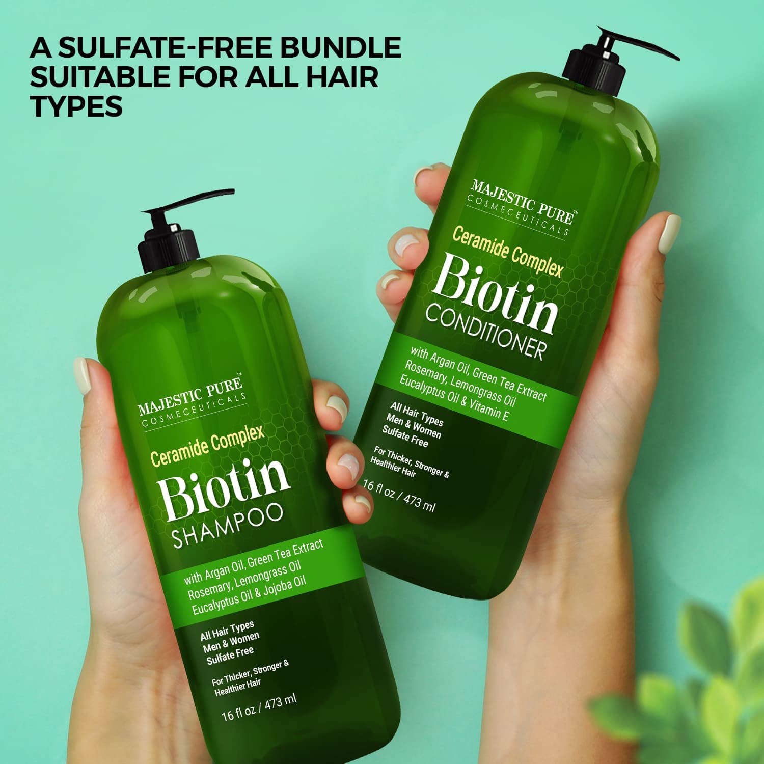Majestic Pure Argan Oil and green tea ingredients emphasize nourishing care for vibrant hair.