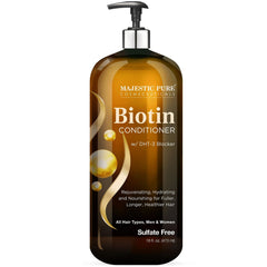Majestic Pure Biotin Conditioner bottle highlights thickening and volumizing benefits.