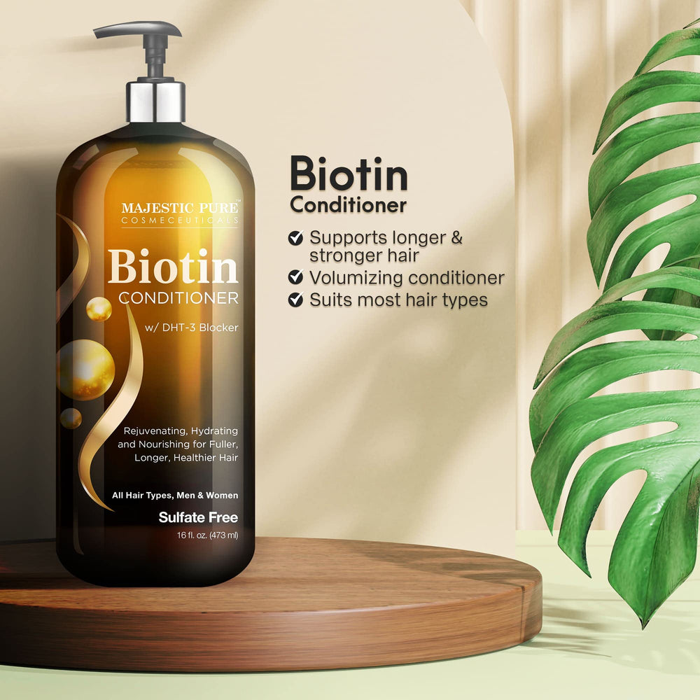 Majestic Pure Biotin Conditioner packaging emphasizes sulfate-free formula.