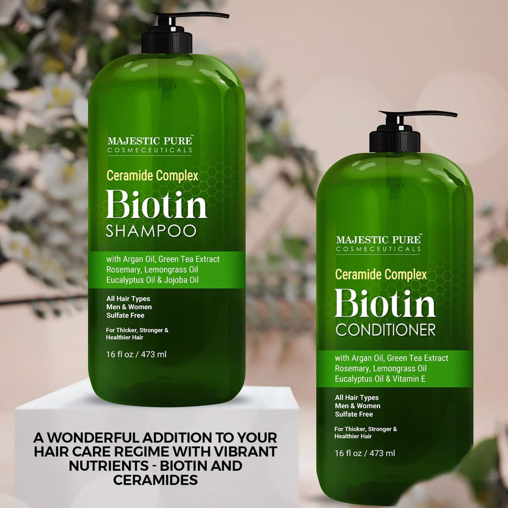 Majestic Pure Biotin Shampoo bottle with argan oil for hydrating hair.