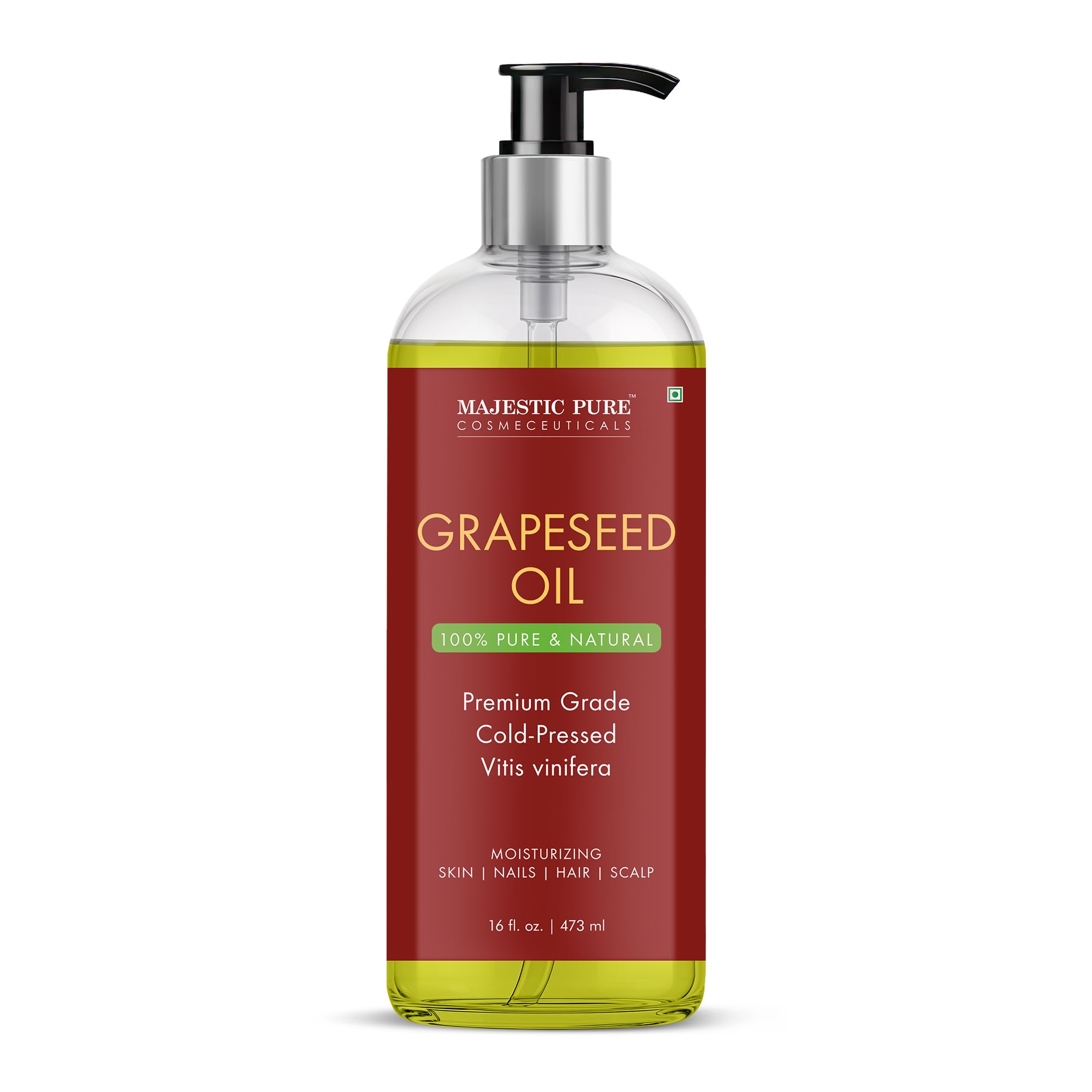 Majestic Pure grapeseed oil bottle 16oz for versatile skin and hair hydration.