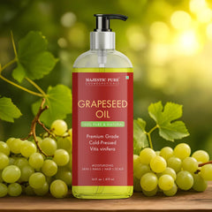 Majestic Pure grapeseed oil drops closeup for lightweight moisturization and soft skin.