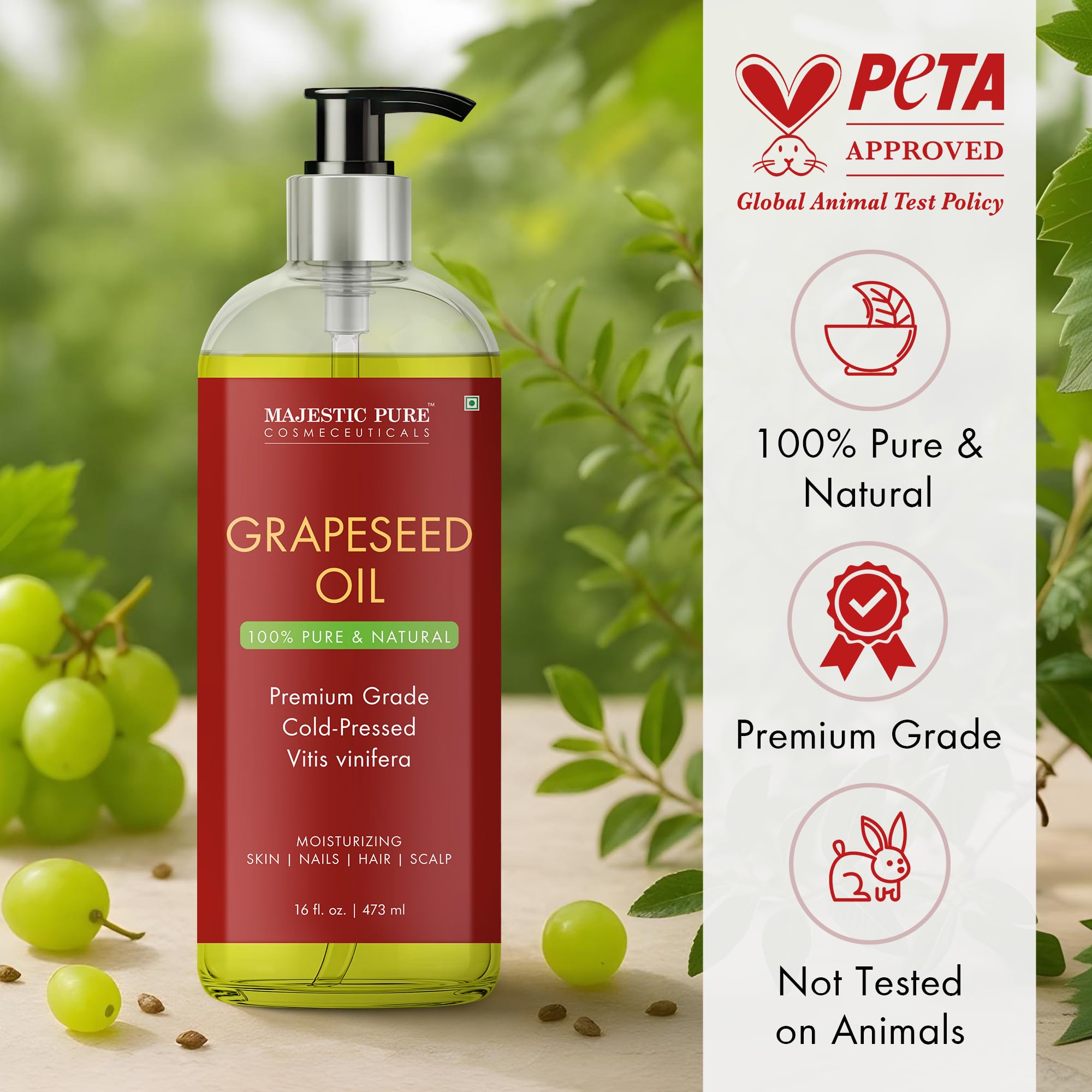 Majestic Pure grapeseed oil ingredients label closeup for pure, hexane-free carrier oil.