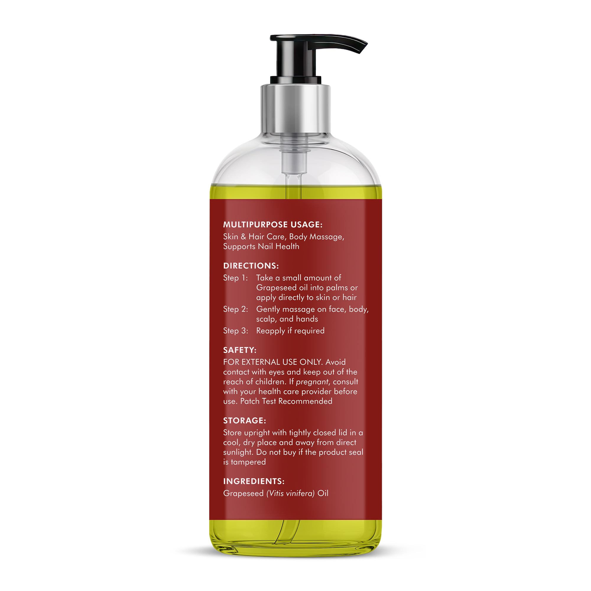 Majestic Pure grapeseed oil massage bottle showing easy glide and relaxation.