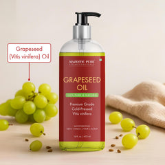 Majestic Pure grapeseed oil pour shot highlighting quick absorption for on-the-go use.