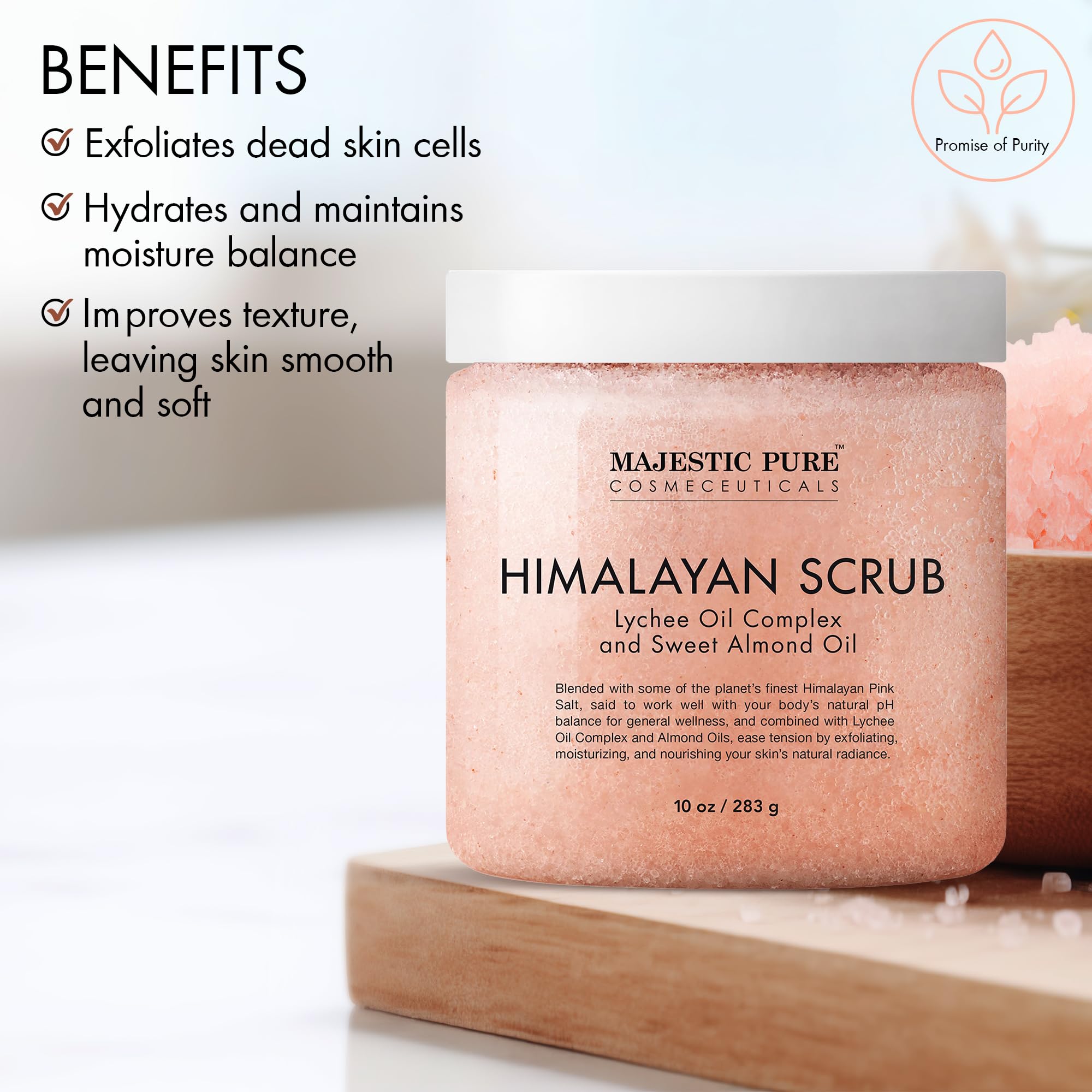 Majestic Pure Himalayan Salt Body Scrub jar scoop demonstrates easy-to-dispense exfoliation.