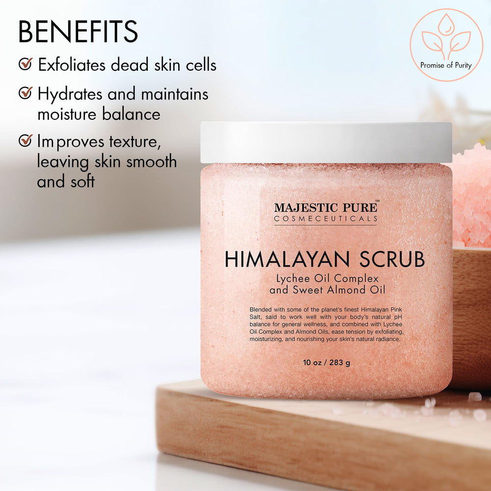 Majestic Pure Himalayan Salt Body Scrub jar scoop demonstrates easy-to-dispense exfoliation.