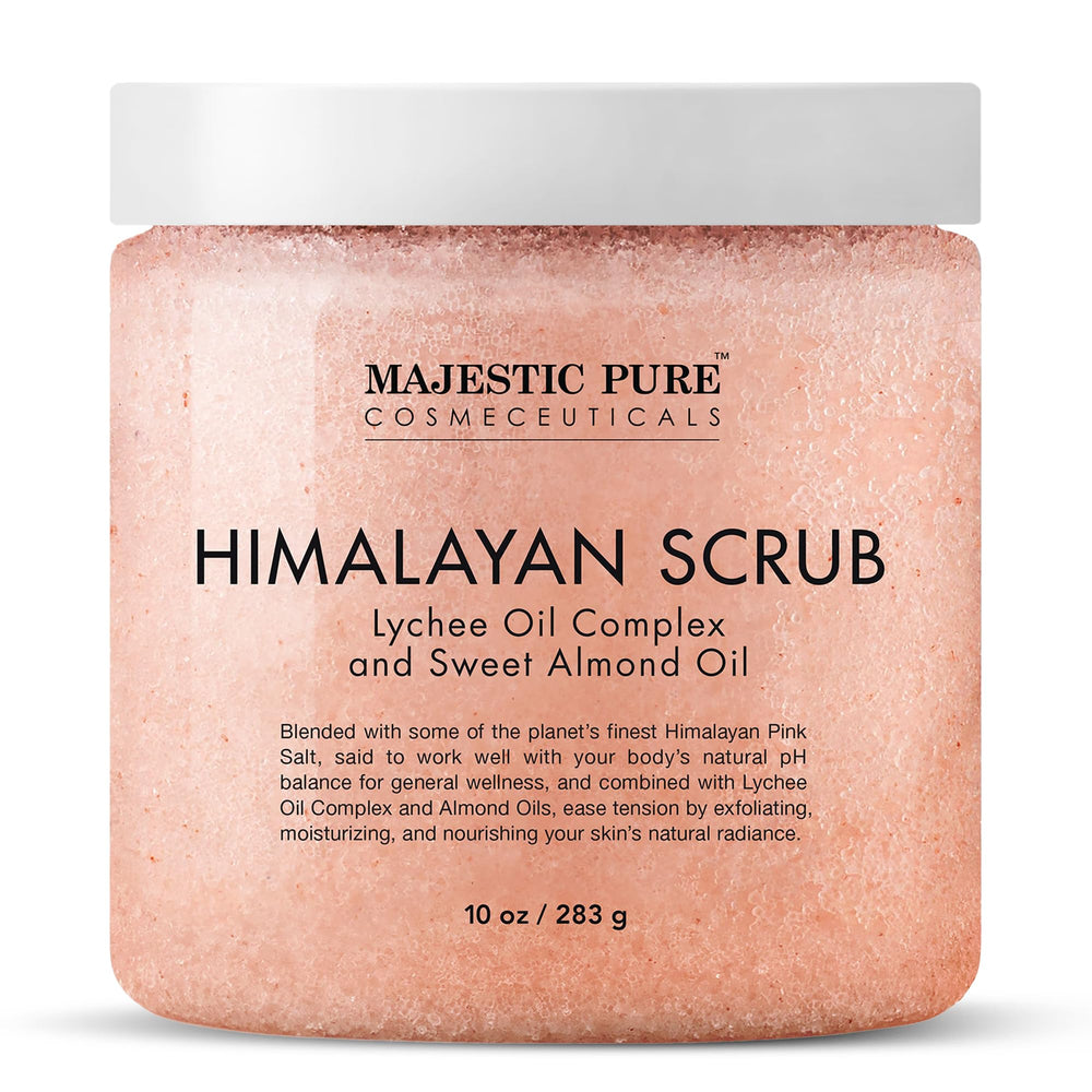 Majestic Pure Himalayan Salt Body Scrub lychee oil pour shows detoxifying exfoliation for smoother skin.