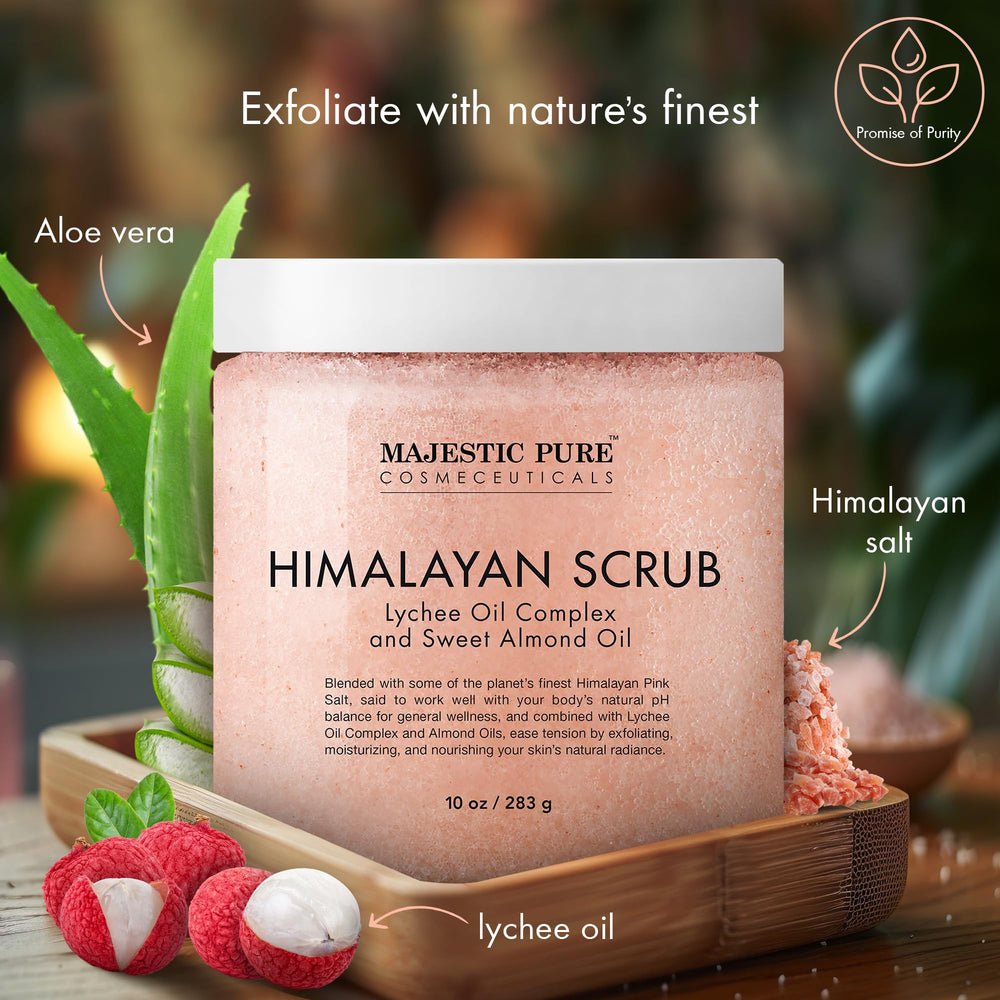Majestic Pure Himalayan Salt Body Scrub Lychee Oil texture closeup highlights natural mineral grains
