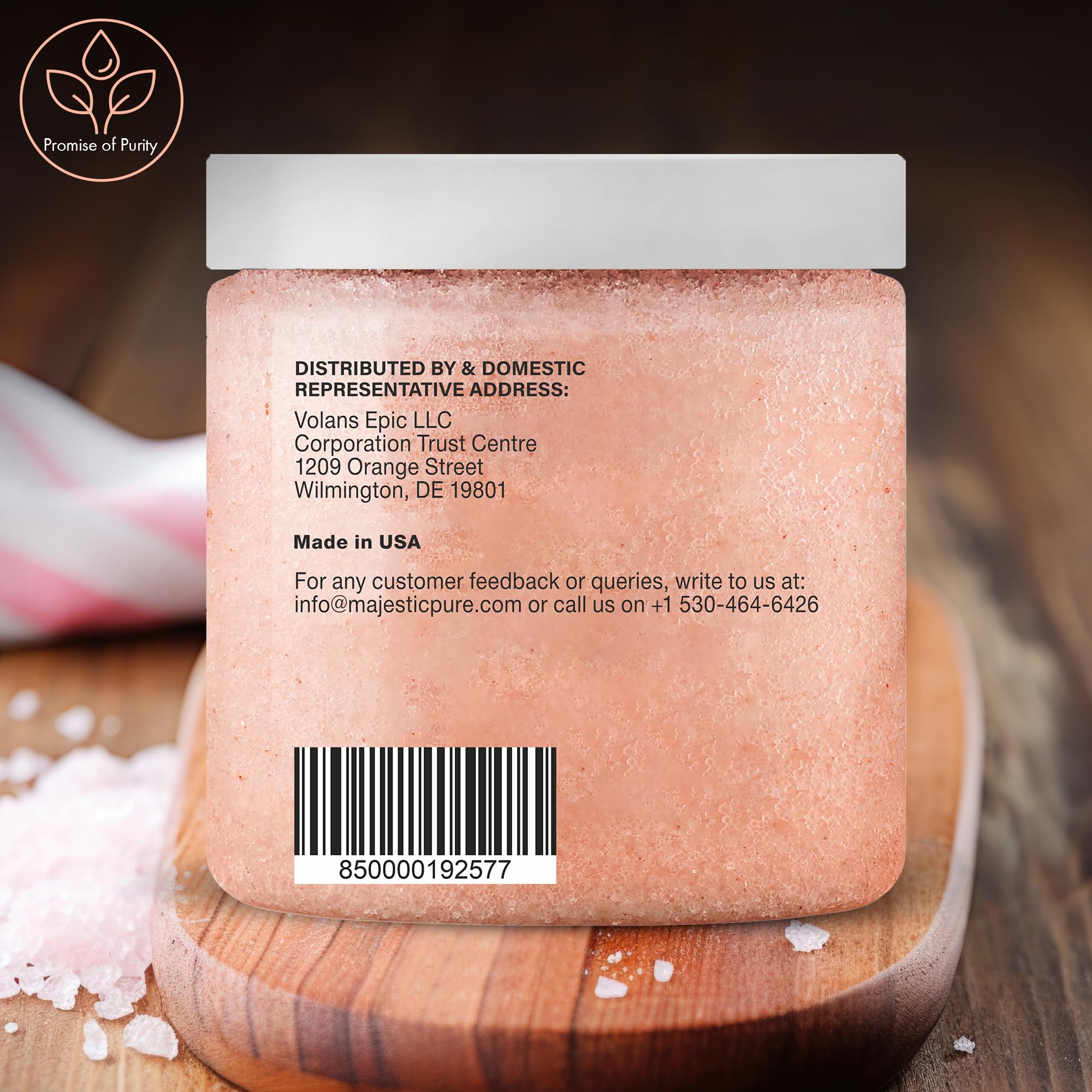 Majestic Pure Himalayan Salt Body Scrub packaging shows a large tub for easy scooping