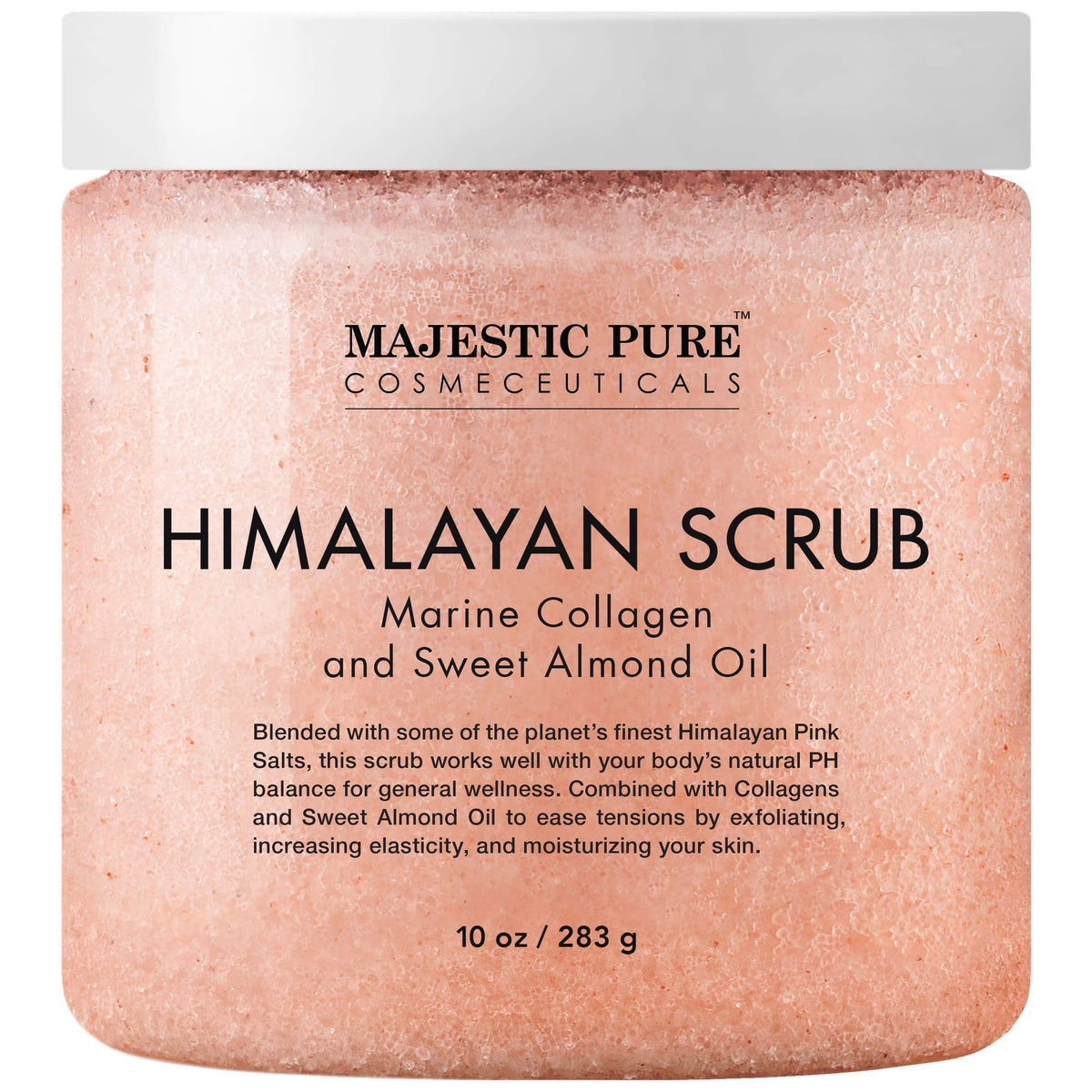Majestic Pure Himalayan Salt Scrub bottle close-up for everyday skin care.