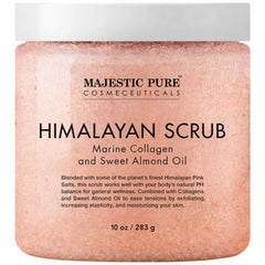 Majestic Pure Himalayan Salt Scrub bottle close-up for everyday skin care.