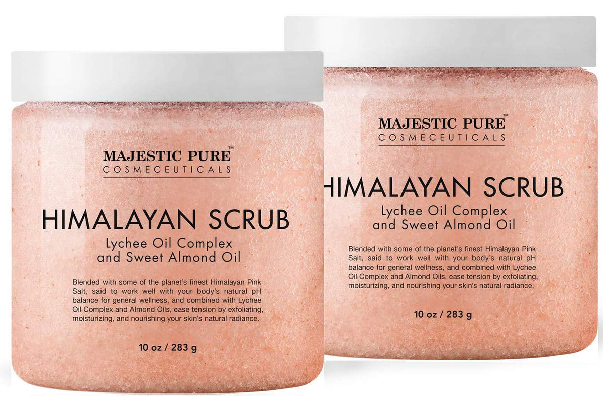 Majestic Pure Himalayan Salt Scrub bottle with Lychee Oil for exfoliation and hydration.