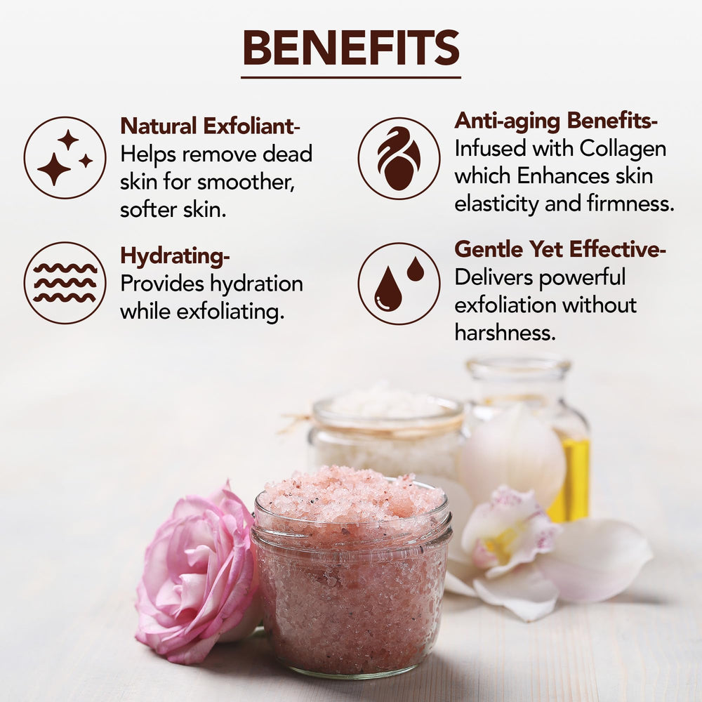 Majestic Pure Himalayan Salt Scrub exfoliation action promoting smoother pores.