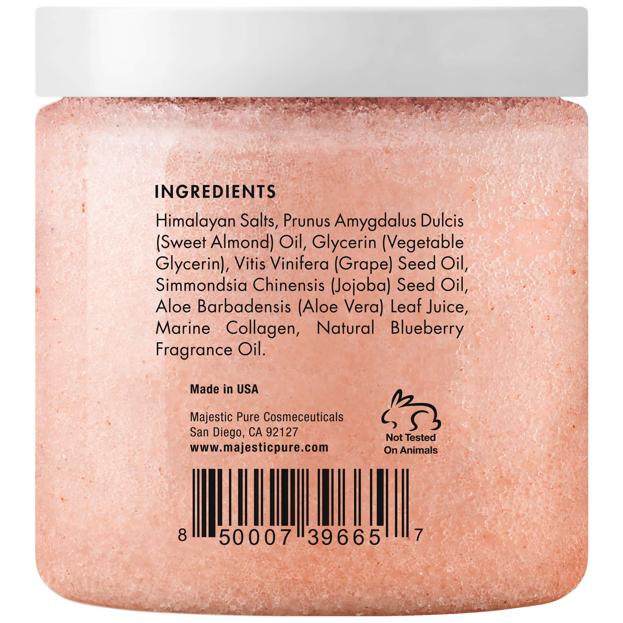 Majestic Pure Himalayan Salt Scrub ingredients collage featuring collagen and sweet almond oil.