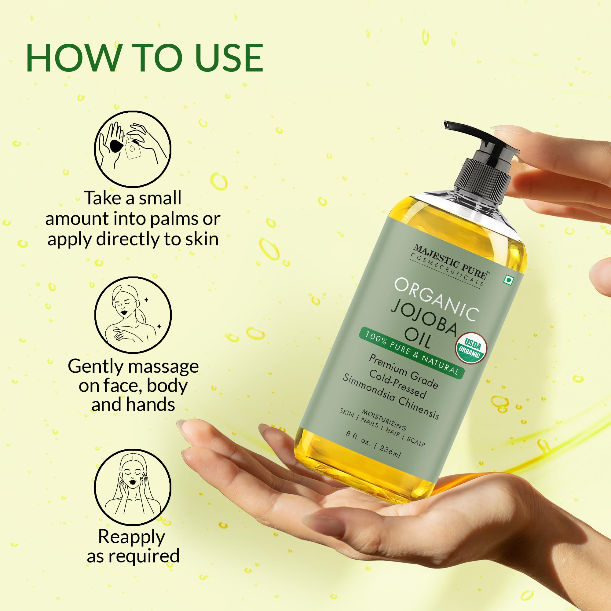 Majestic Pure Jojoba Oil application on skin demonstrates quick hydration during routine.