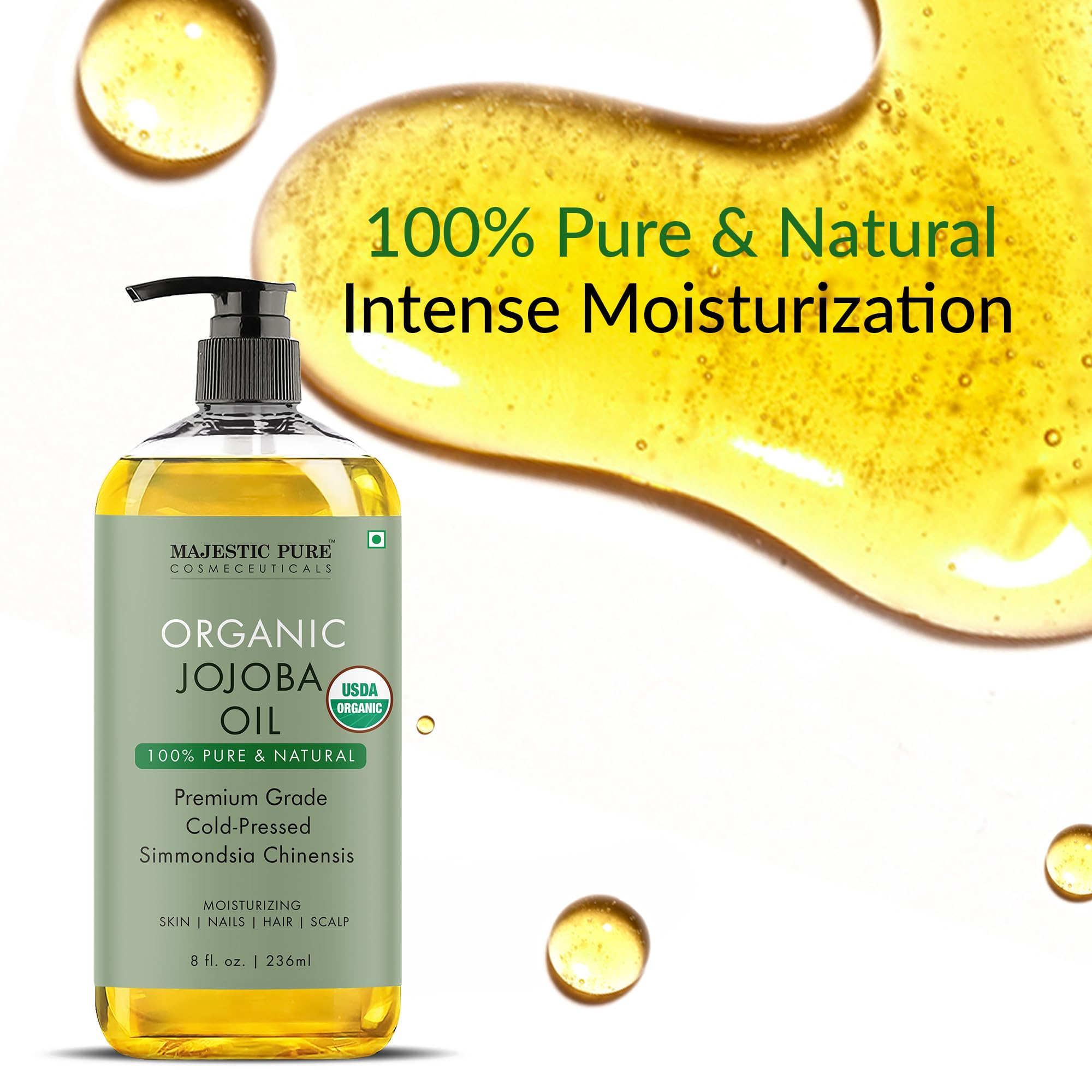 Majestic Pure Jojoba Oil glass bottle closeup highlights lightweight moisturizer for all skin types.