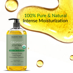 Majestic Pure Jojoba Oil glass bottle closeup highlights lightweight moisturizer for all skin types.