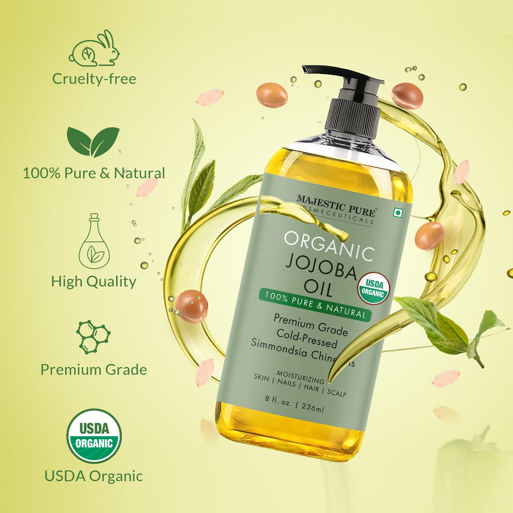 Majestic Pure Jojoba Oil for hair care shows ends nourishment and shine.