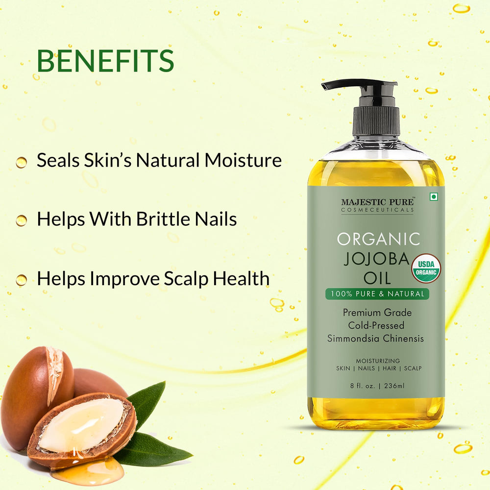 Majestic Pure Jojoba Oil label organic emphasizes purity and hexane-free formulation for body care.