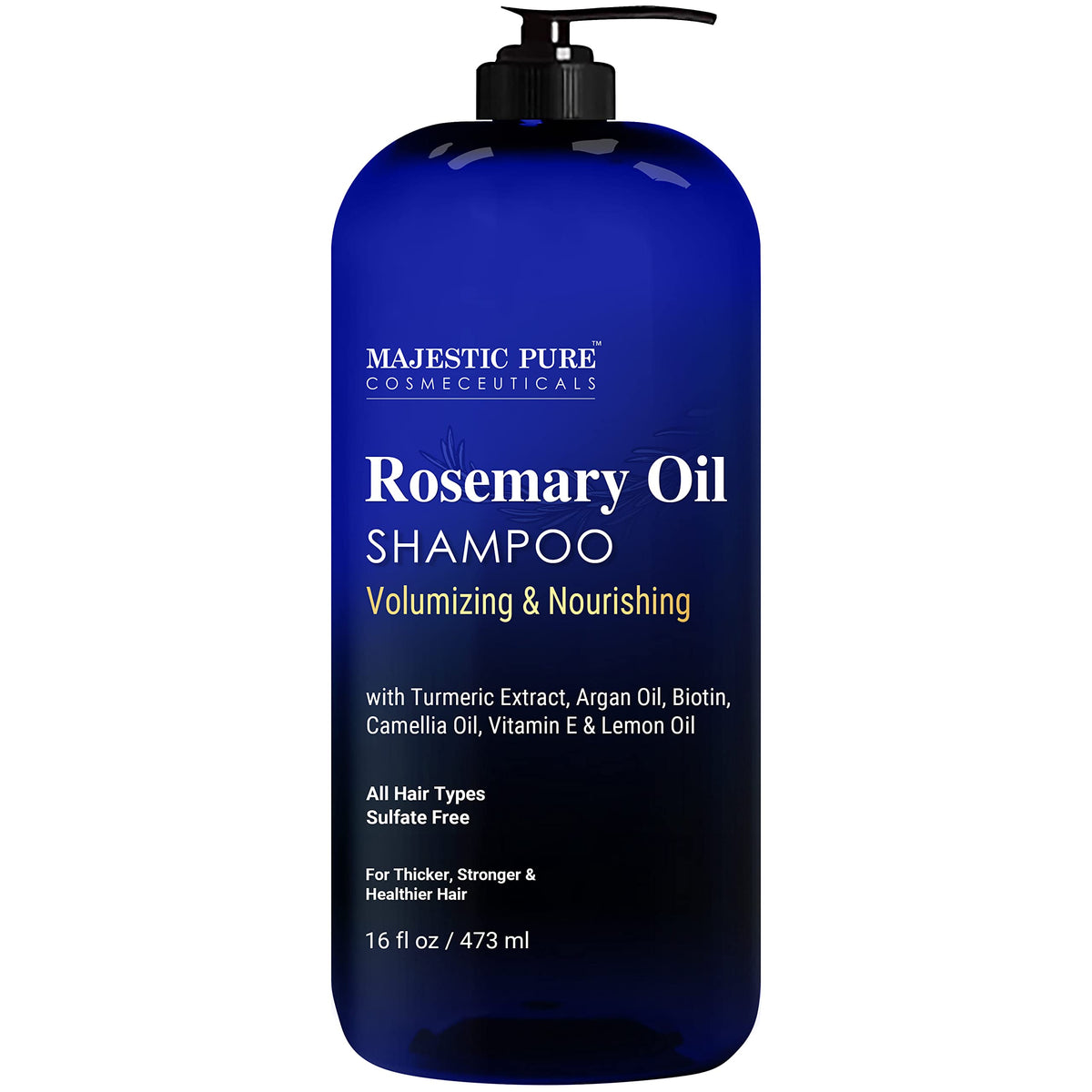 Majestic Pure Rosemary Oil Shampoo bottle shows sulfate-free formula for daily cleansing.