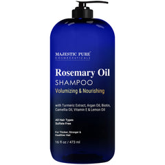 Majestic Pure Rosemary Oil Shampoo bottle shows sulfate-free formula for daily cleansing.