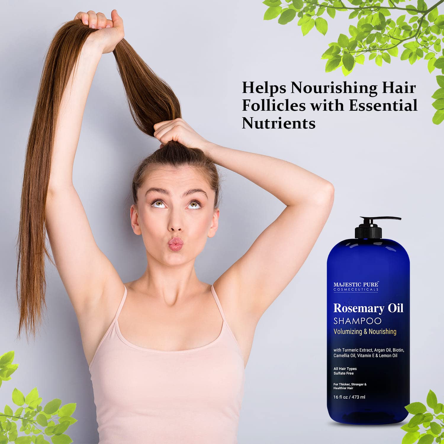 Majestic Pure Rosemary Oil Shampoo ingredients vitamin E depiction suggests moisturizing shine.
