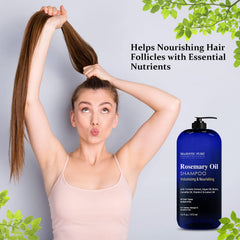 Majestic Pure Rosemary Oil Shampoo ingredients vitamin E depiction suggests moisturizing shine.