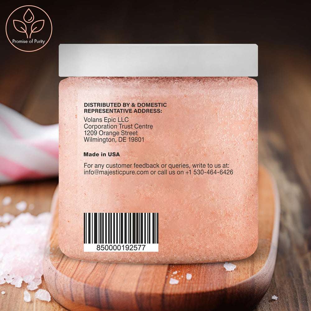 Majestic Pure Sweet Almond Oil detail suggests gentle nourishment after scrubbing.