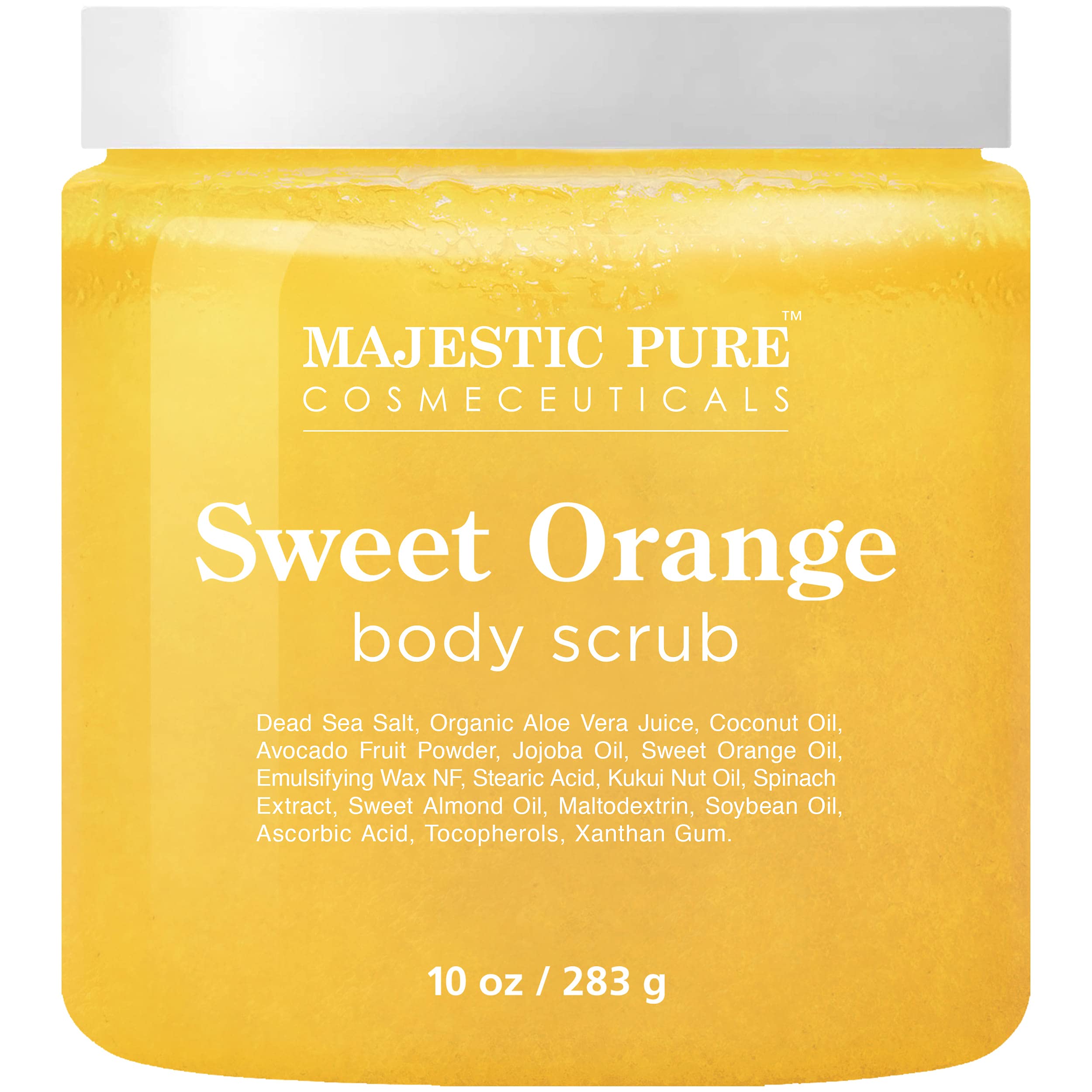 Majestic Pure Sweet Orange Body Scrub used on face and body for radiant skin