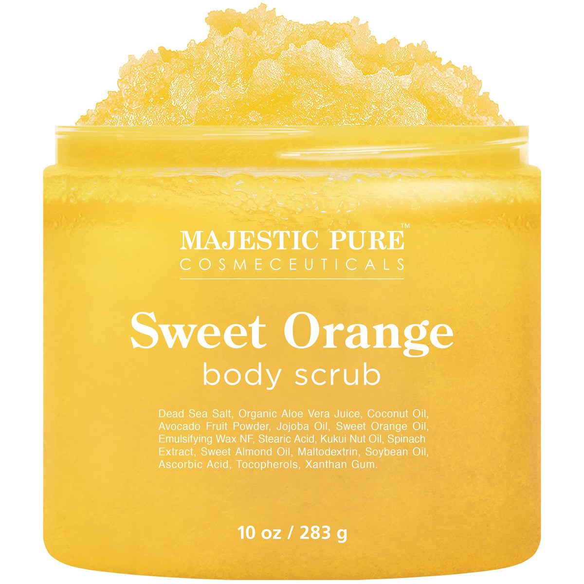 Majestic Pure Sweet Orange Body Scrub jar front with bright label for refreshing exfoliation