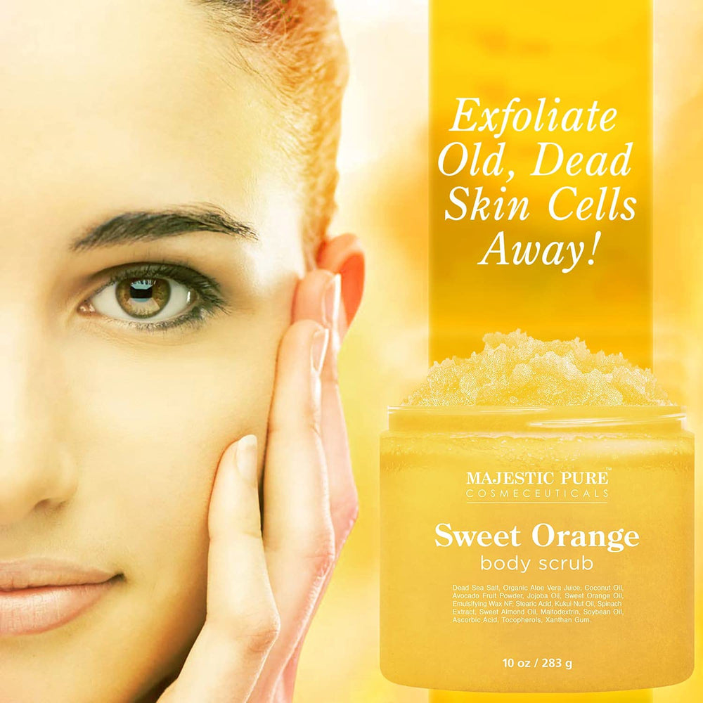 Majestic Pure Sweet Orange Body Scrub label close-up highlighting natural ingredients and vegan formula