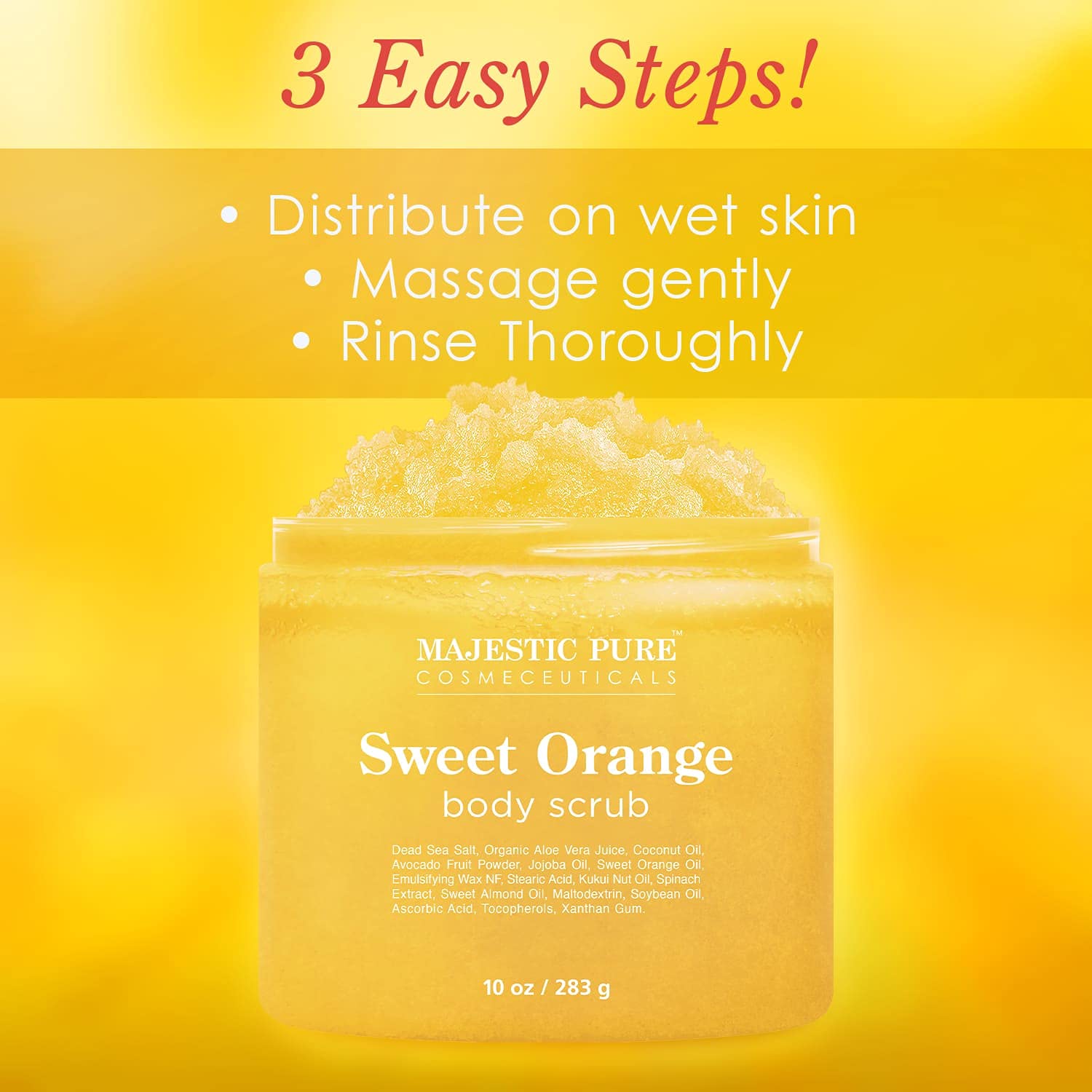 Majestic Pure Sweet Orange Body Scrub texture with exfoliating particles for gentle exfoliation