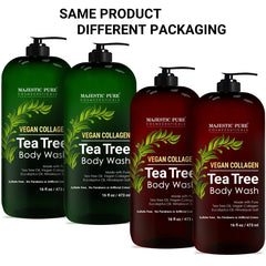Majestic Pure Tea Tree Body Wash pump bottle close-up highlights easy application.