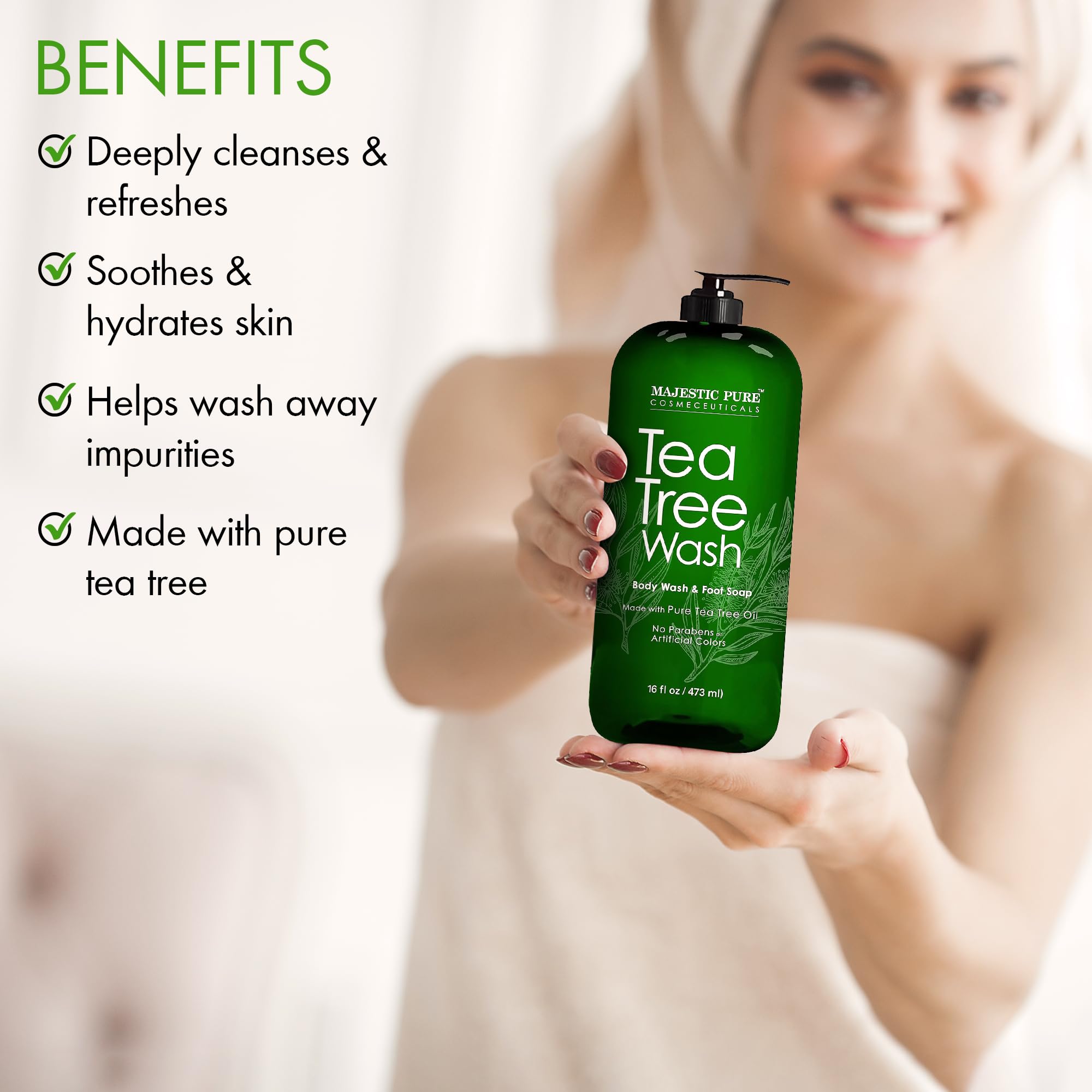 Majestic Pure Tea Tree Body Wash foam-lather showing a cooling post-shower sensation.