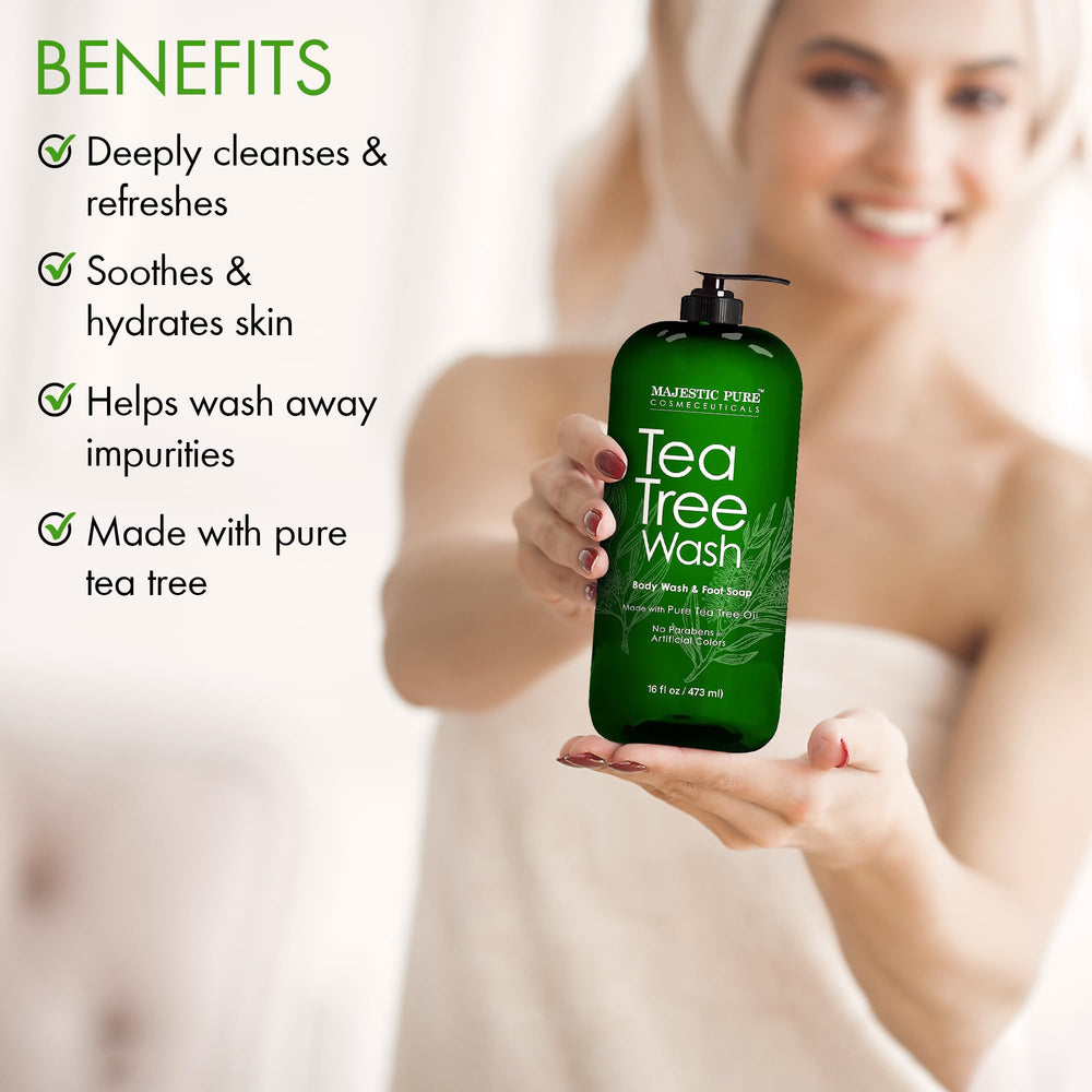 Majestic Pure Tea Tree Body Wash foam-lather showing a cooling post-shower sensation.