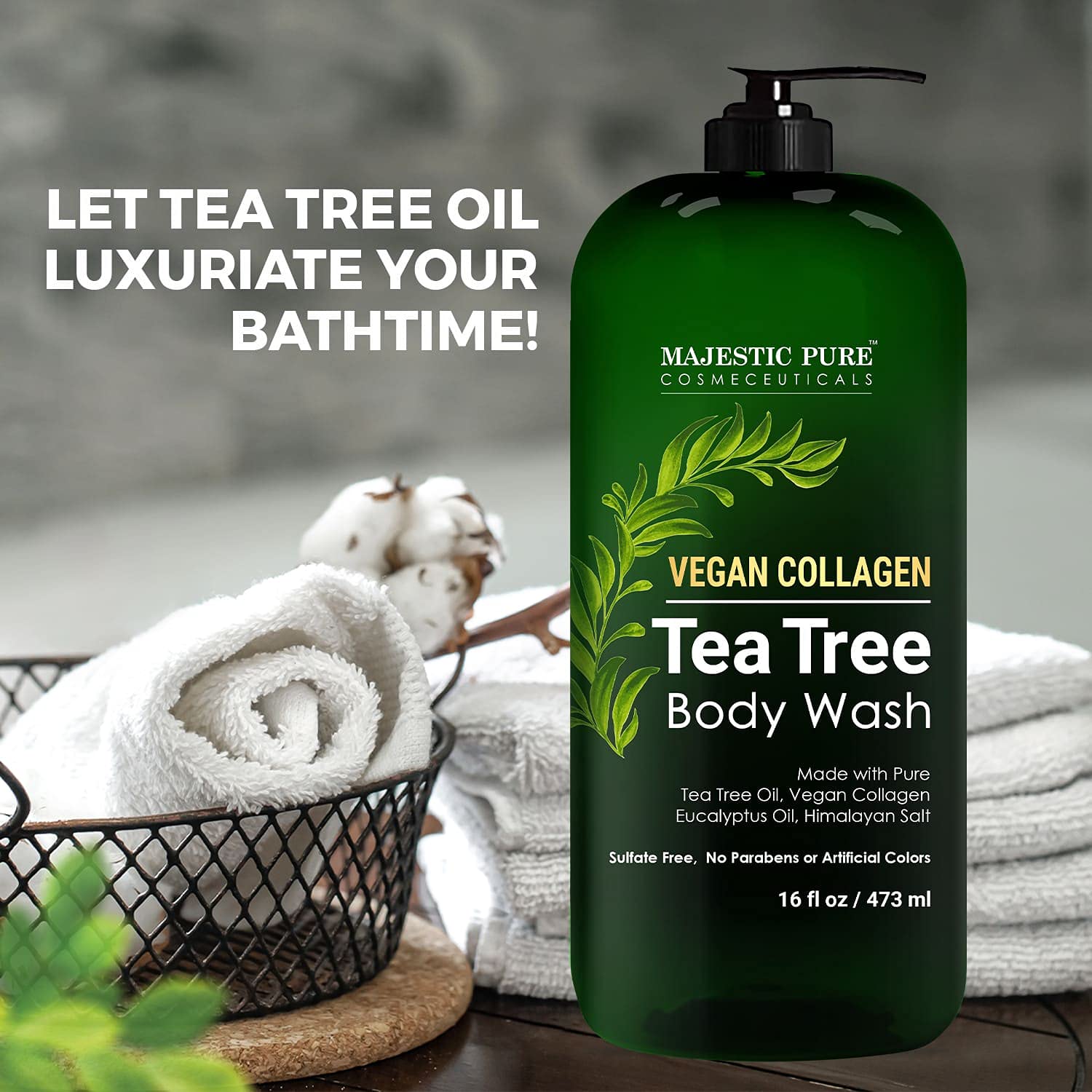 Majestic Pure Tea Tree Body Wash ingredients label highlighting tea tree oil.