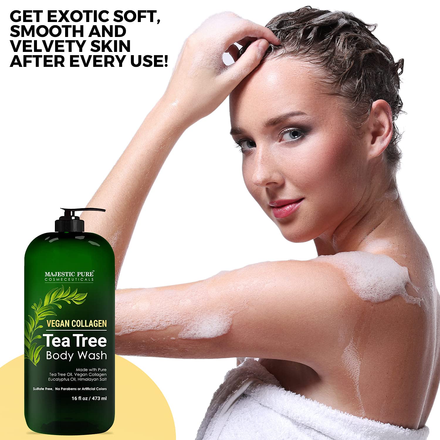 Majestic Pure Tea Tree Body Wash lather close-up showing cleansing foam.
