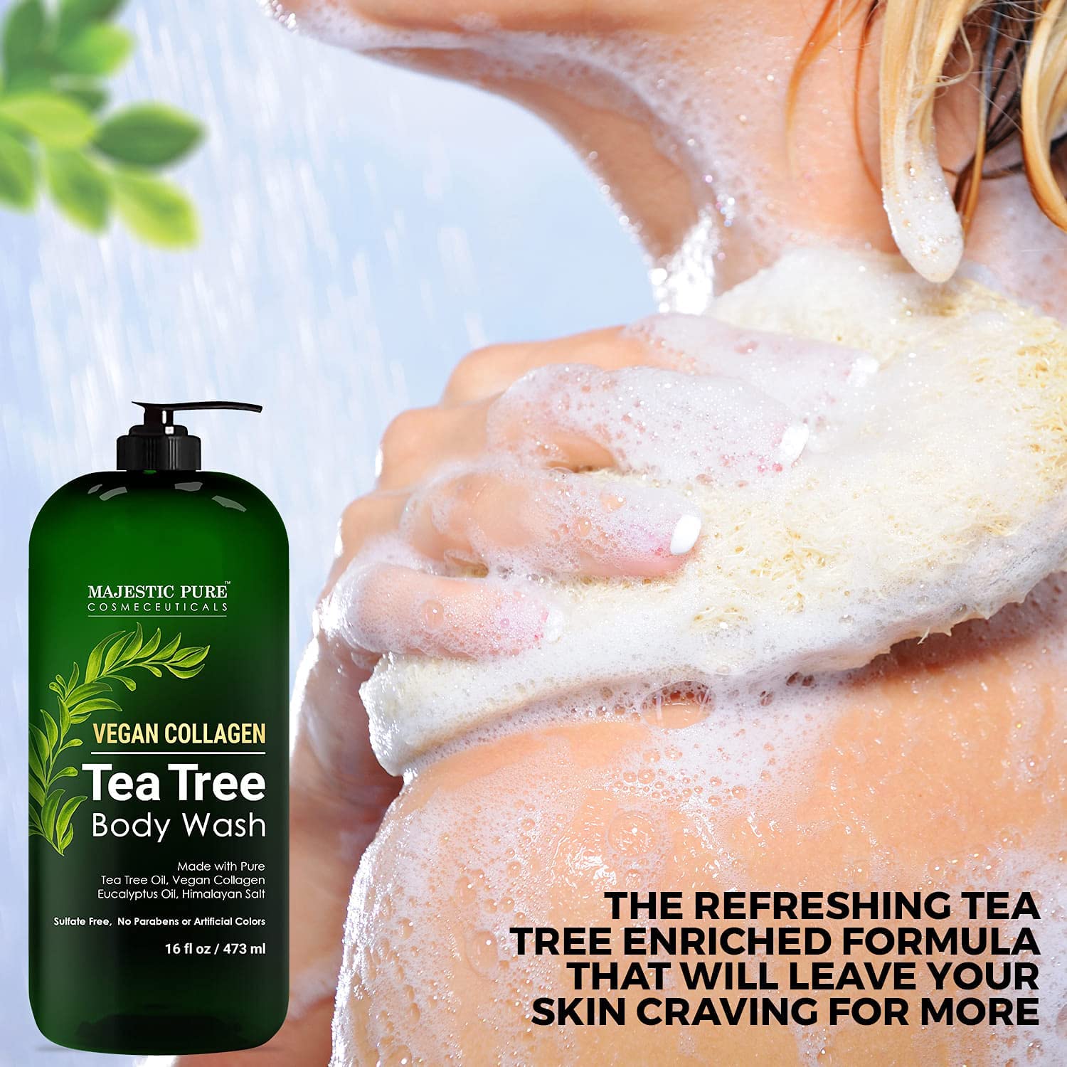Majestic Pure Tea Tree Body Wash packaging variation on shelf.