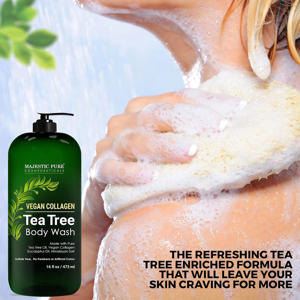 Majestic Pure Tea Tree Body Wash packaging variation on shelf.