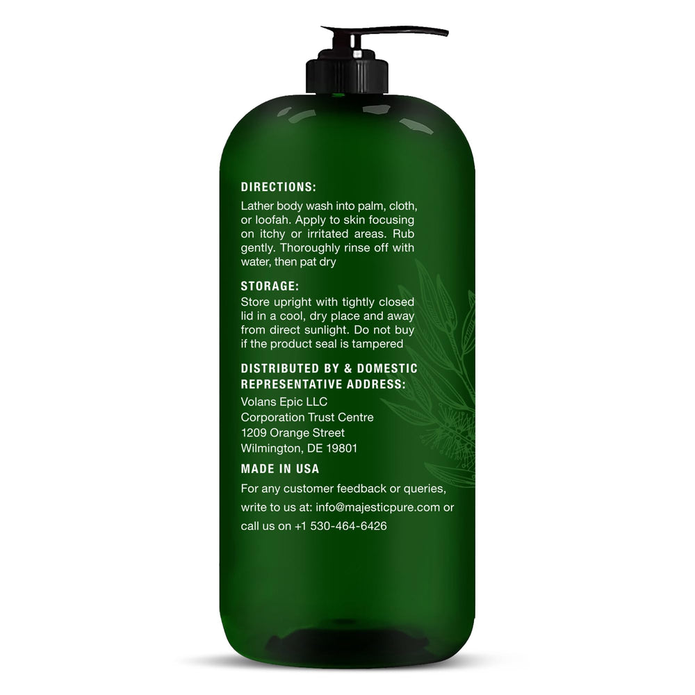 Majestic Pure Tea Tree Body Wash peppermint-oil shot hinting at a refreshing aroma.
