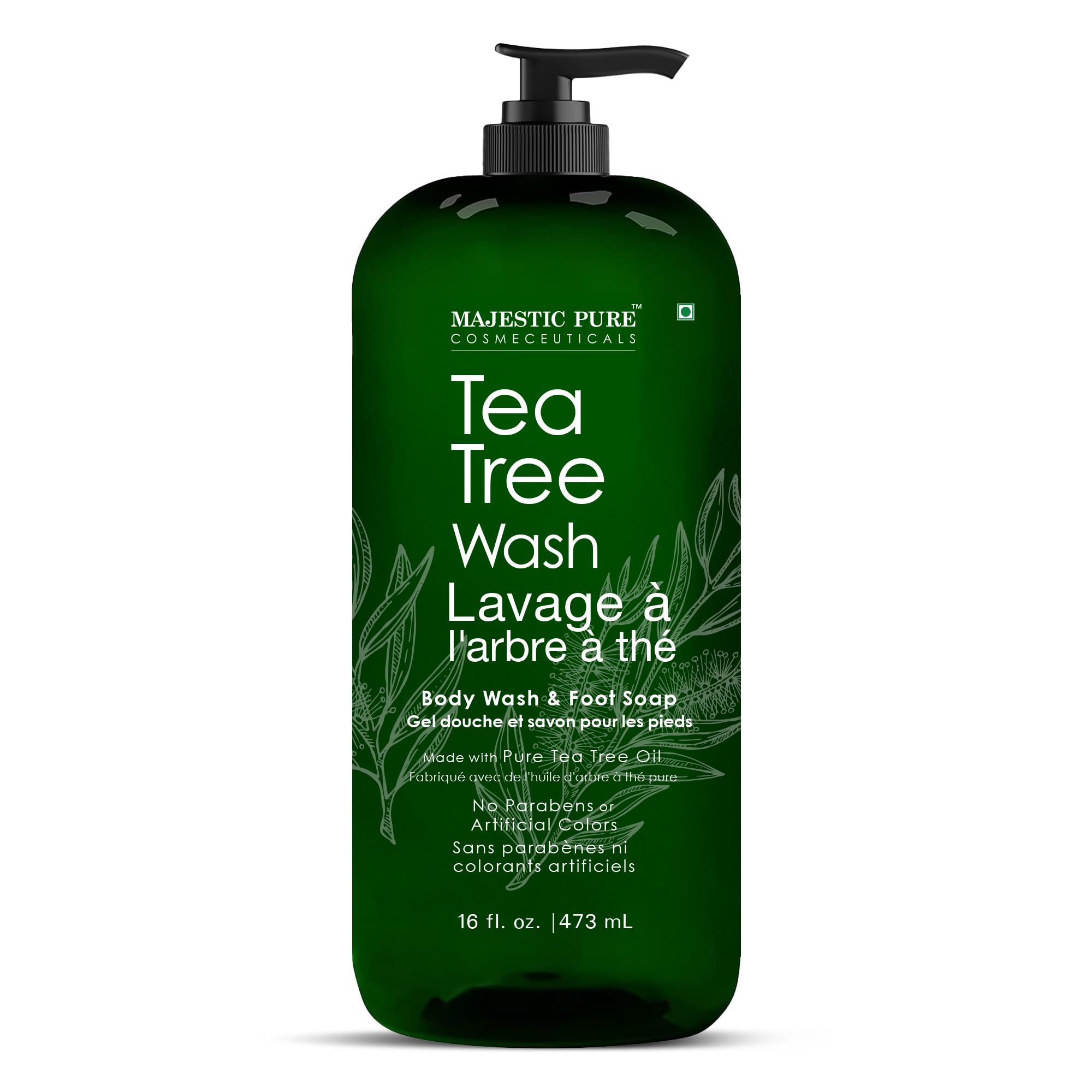 Majestic Pure Tea Tree Body Wash pump-dispenser for easy, mess-free application.