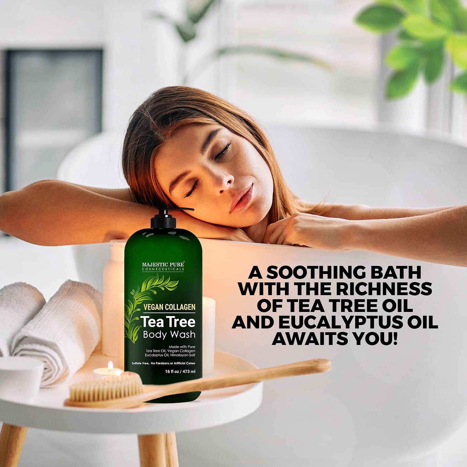 Majestic Pure Tea Tree Body Wash beside clean skin routine visual.