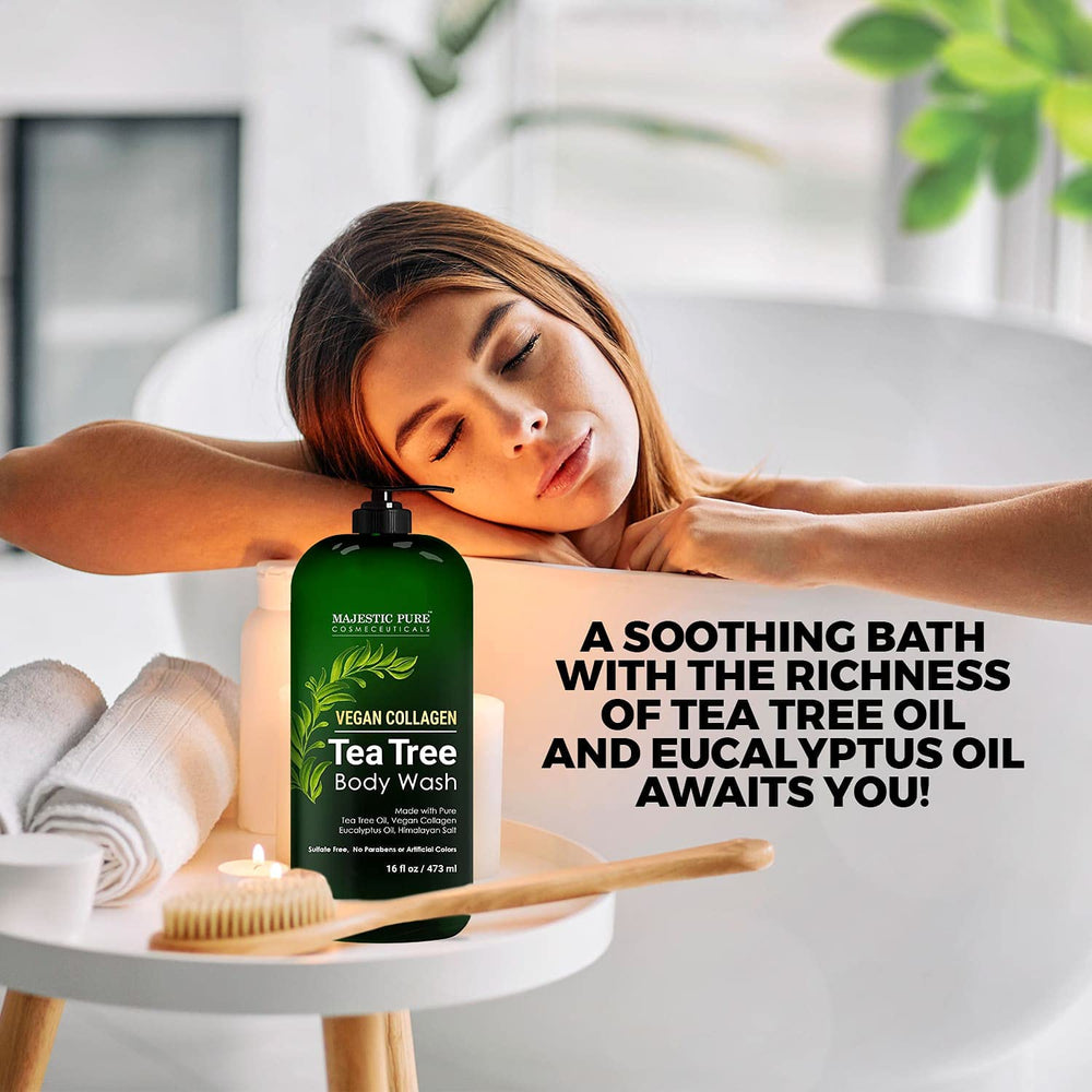 Majestic Pure Tea Tree Body Wash beside clean skin routine visual.