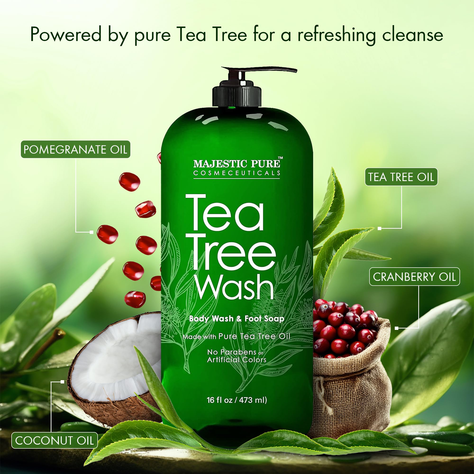 Majestic Pure Tea Tree Body Wash tea-tree-oil highlight image emphasizing natural cleansing.