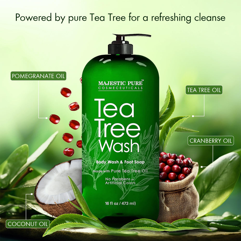 Majestic Pure Tea Tree Body Wash tea-tree-oil highlight image emphasizing natural cleansing.