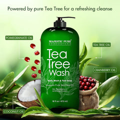 Majestic Pure Tea Tree Body Wash tea-tree-oil highlight image emphasizing natural cleansing.